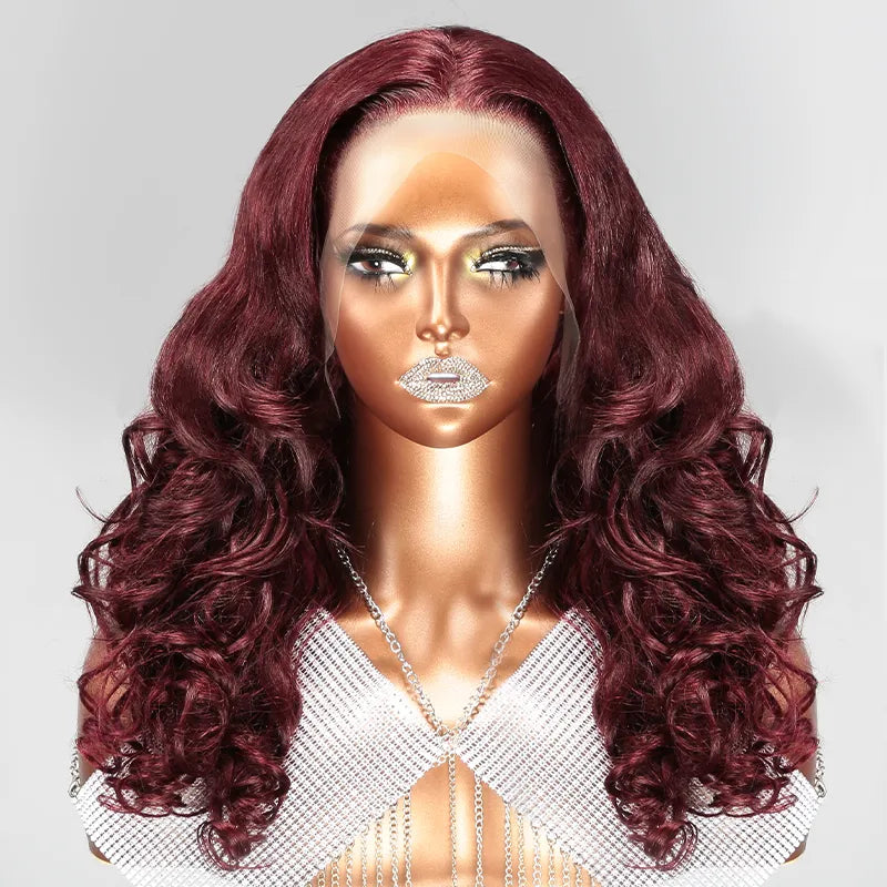 Shine Hair 13x4 99j Layered Wavy Bouncy Thick Lace Frontal Human Hair Wig