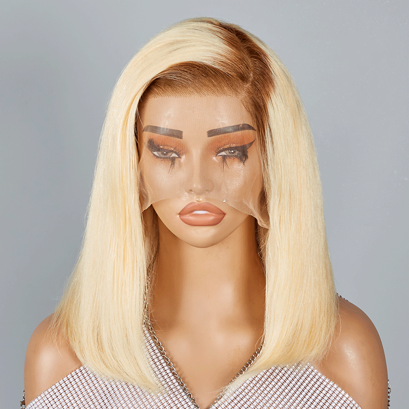 13x4 C Part Lace Frontal Brown Blend Blonde Human Hair Bob  display picture 2