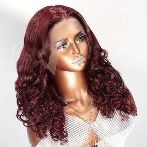 Shine Hair 13x4 99j Layered Wavy Bouncy Thick Lace Frontal Human Hair Wig