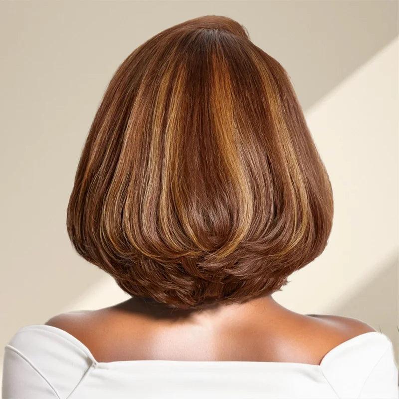 7x5 13x4 Layered Glueless C Part Toffee Brown Mix Blonde/Natural Black Bob Wig Wavy - SHINE HAIR WIG