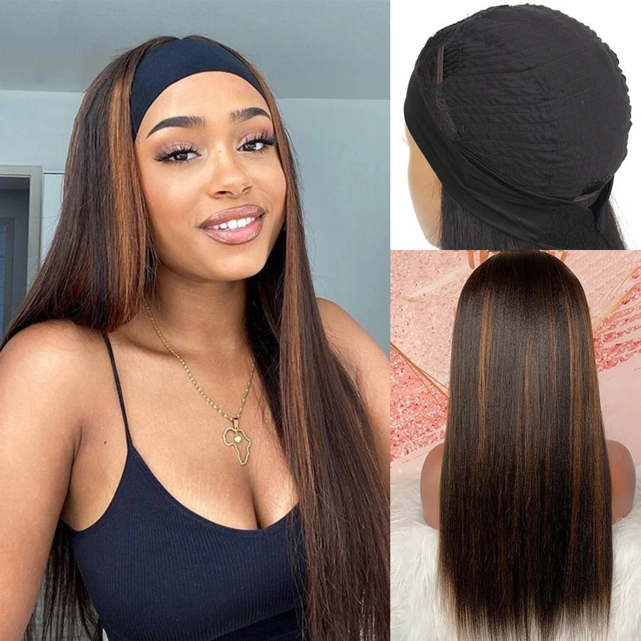 Highlight #4 Color Headband Wig Human Hair Half Wig 180% Density Straight Glueless