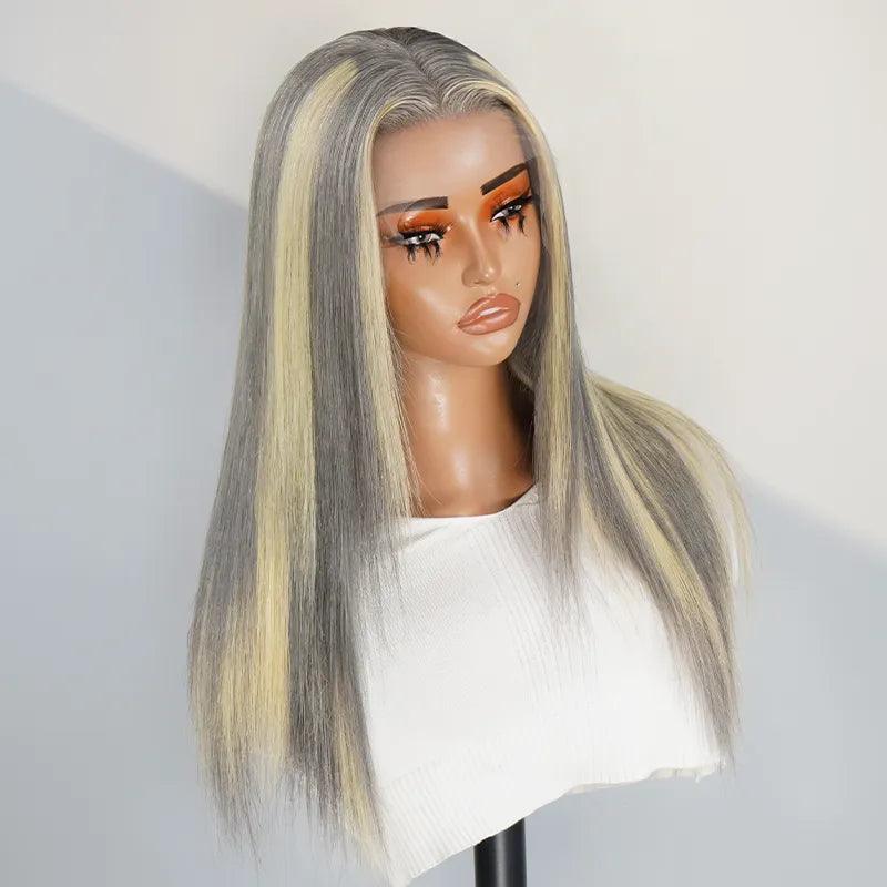 13x4 Shimmering Blonde&Gray Mix Color Lace Frontal Human Hair Wig - SHINE HAIR WIG