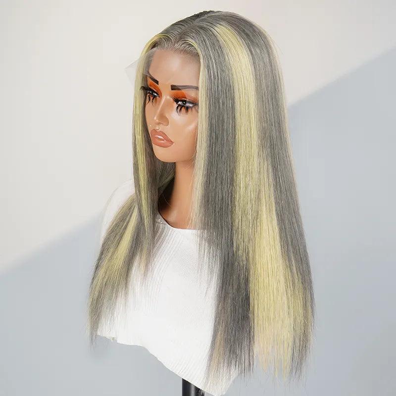 13x4 Shimmering Blonde&Gray Mix Color Lace Frontal Human Hair Wig - SHINE HAIR WIG