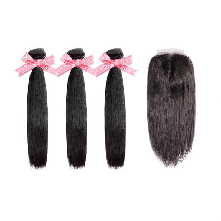 CEXXY Popular Series Transparent 4*4 Closure + 7A Brazilian Virgin Hair Straight 3 Bundles