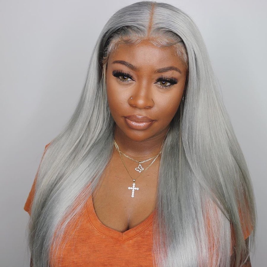 Silver Grey Colored 13x4 Straight Long Wig Human Hair Lace Wig 180% Density