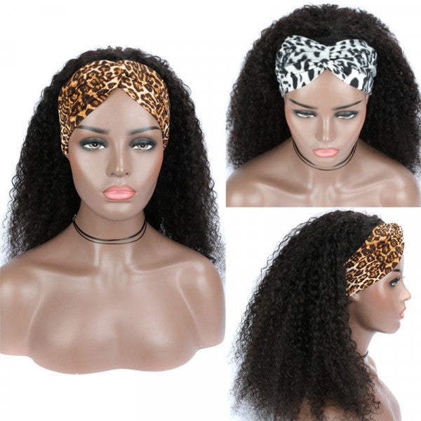 Headband Wig Human Hair Half Wig 180% Density Kinky Curly Natural Color Glueless