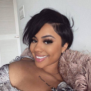 Pixie Cut Wigs Short Bob Brazilian Natural Black Human Hair Wigs T Part Lace Wig