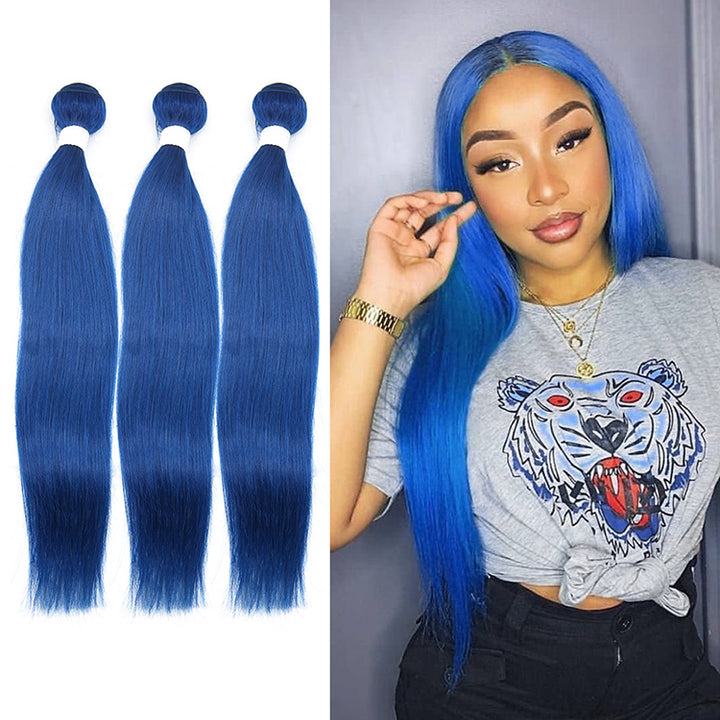 Blue Color Straight Virgin Hair Extension Bundle Deal