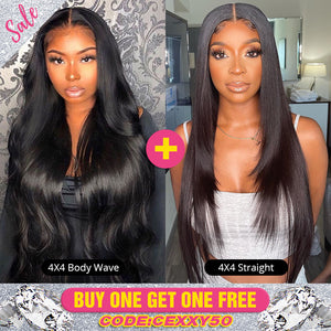 Pay 1 Get 1 Free, 4x4 Closure Wig Human Virgin Hair 180% Density