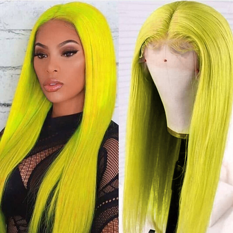 Green Colored Straight Human Hair Lace Wig 180% Density Pre-plucked Hairline