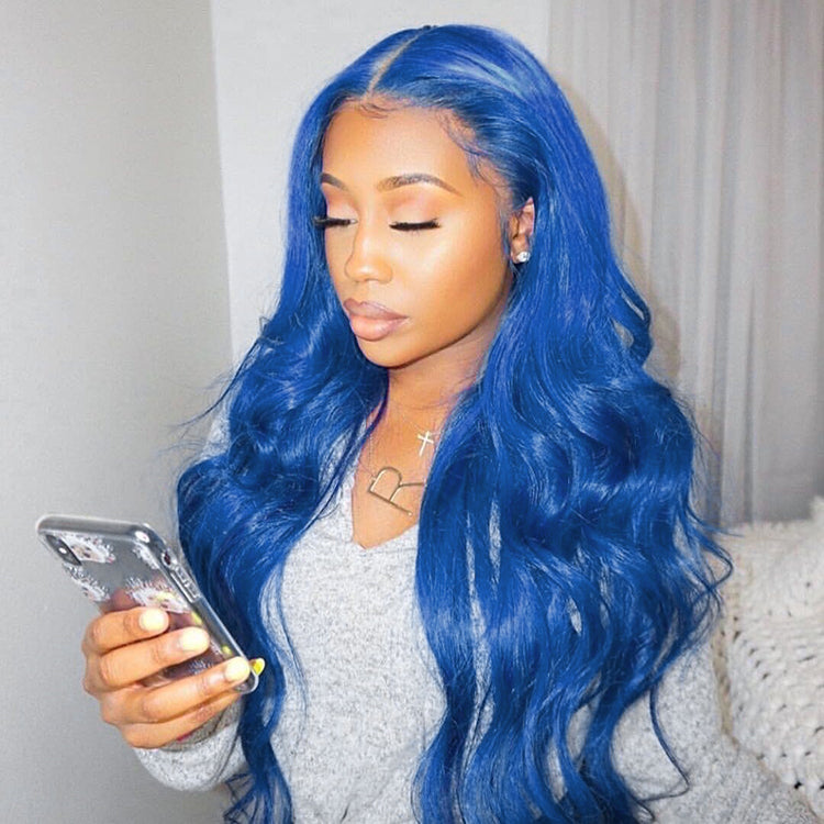 Blue Colored 13x4 Straight Wig Human Hair Lace Wig 180% Density