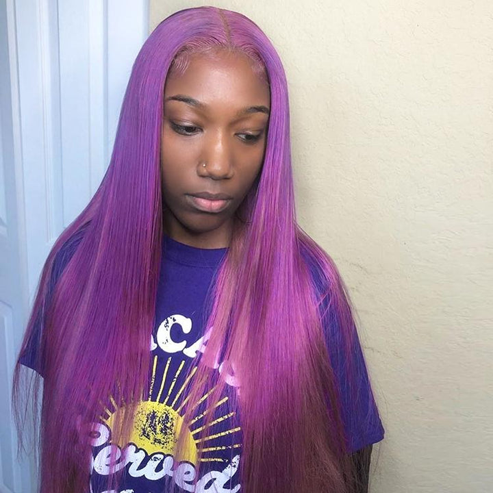 Purple Colored Straight Human Hair Lace Wig 180% Density