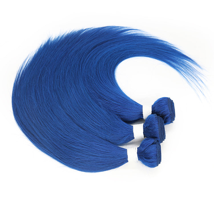 Blue Color Straight Virgin Hair Extension Bundle Deal