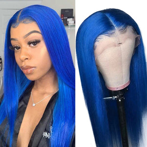 Blue Colored 13x4 Straight Wig Human Hair Lace Wig 180% Density