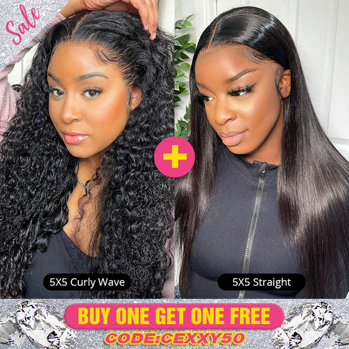 Pay 1 Get 1 Free, 5x5 Closure Wig Human Virgin Hair 180% Density