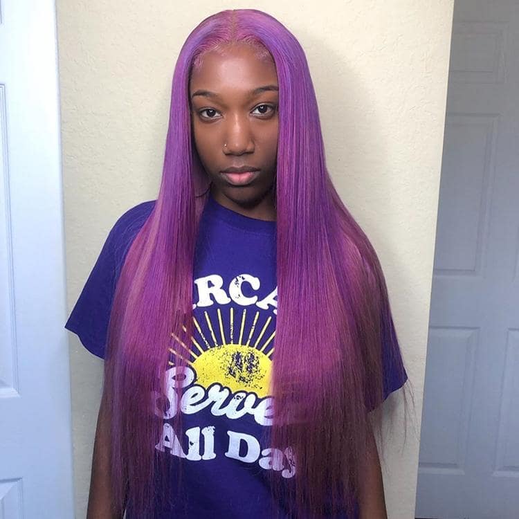 Purple Colored Straight Human Hair Lace Wig 180% Density