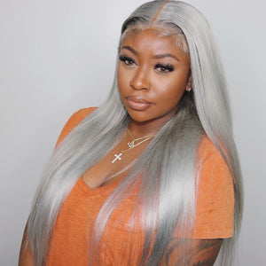 Silver Grey Colored 13x4 Straight Long Wig Human Hair Lace Wig 180% Density