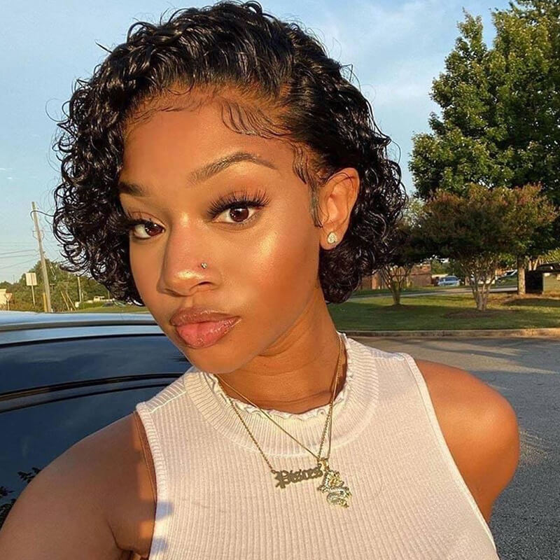 Curly Bob Transparent Lace Front Human Hair Wigs Short Pixie Cut Wig For Women