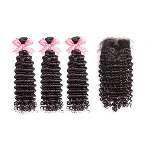 CEXXY Popular Series Transparent 4*4 Closure + 10A Brazilian Virgin Hair Deep Wave 3 Bundles