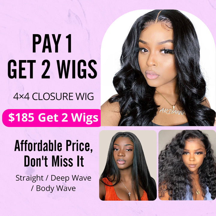 Pay 1 Get 2 Wigs, 4x4 closure wig human unprocessed hair 150%, 200% density