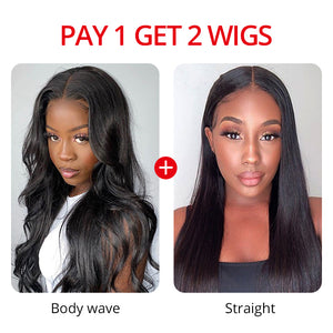 Pay 1 Get 2 Wigs, 4x4 closure fake scalp wig human unprocessed hair 150%, 200% density