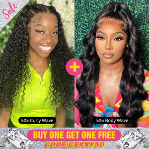 Pay 1 Get 1 Free, 5x5 Closure Wig Human Virgin Hair 180% Density