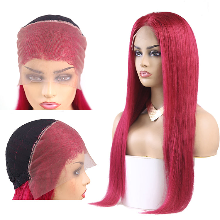Burgundy Colored Straight Wig Human Hair Lace Wig 180% Density