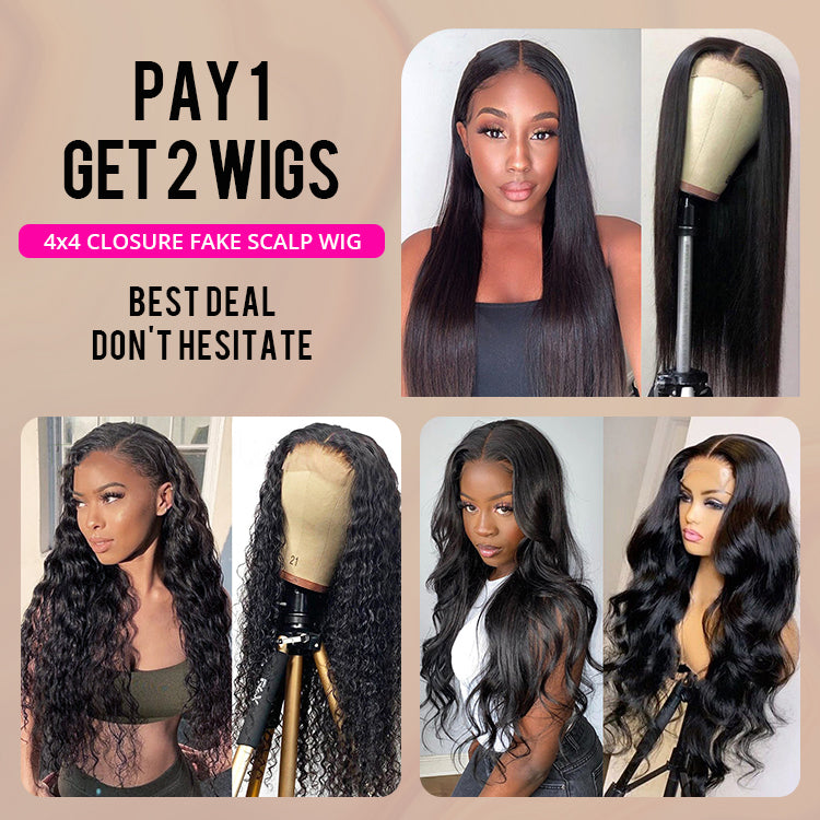Pay 1 Get 2 Wigs, 4x4 closure fake scalp wig human unprocessed hair 150%, 200% density