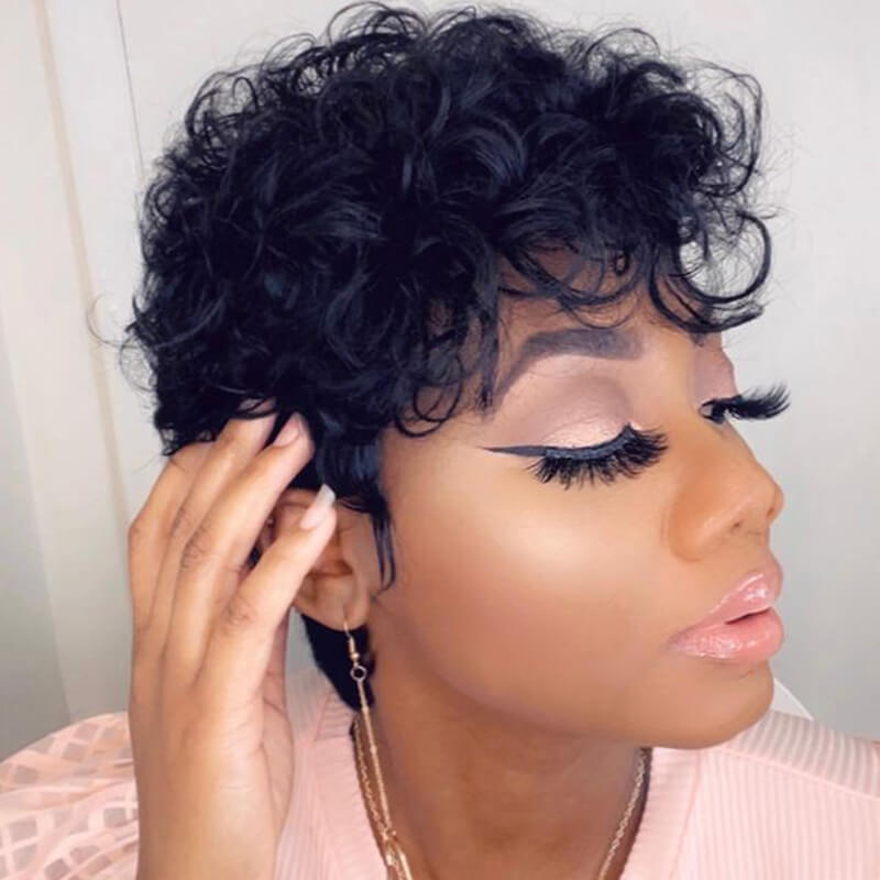 Curly Human Hair Wigs Pixie Cut Bob T Part Lace Wigs Pre Plucked For Black Women