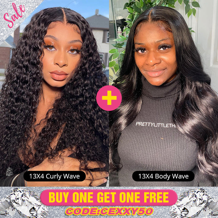 Pay 1 Get 1 Free, 13x4 Lace Front Wig Curly and Body Wave Human Virgin Hair 180% Density