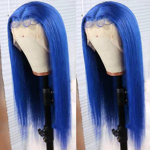 Blue Colored 13x4 Straight Wig Human Hair Lace Wig 180% Density