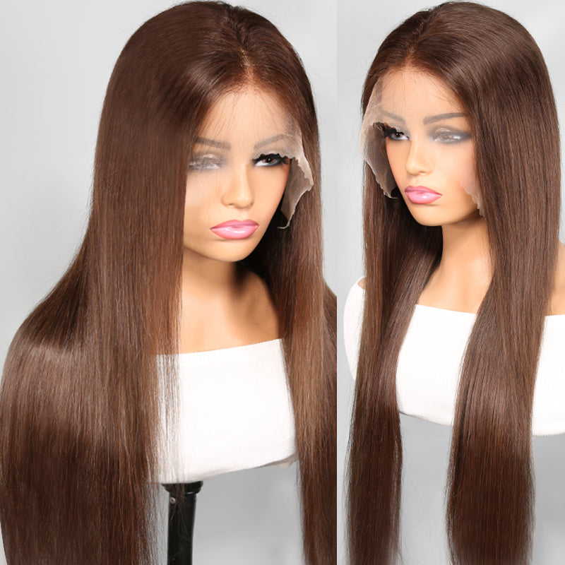 HD Glueless Chocolate Brown Colored Straight Human Hair Wigs