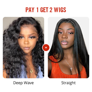 Pay 1 Get 2 Wigs, 4x4 closure wig human unprocessed hair 150%, 200% density