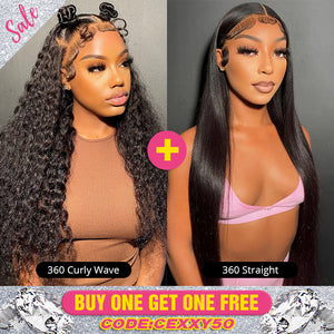 Pay 1 Get 1 Free, 360 Lace Front Wig Curly Wave and Straight Human Virgin Hair 180% Density