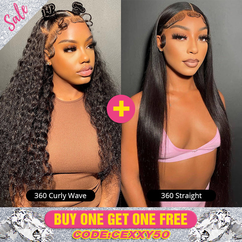 Pay 1 Get 1 Free, 360 Lace Front Wig Curly Wave and Straight Human Virgin Hair 180% Density