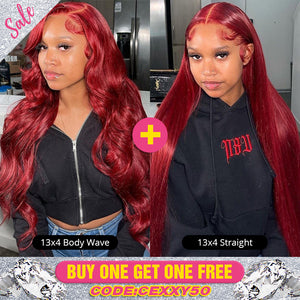 Pay 1 Get 1 Free, 13*4 Lace Front Wig Burgundy Colored Wig 180% Density