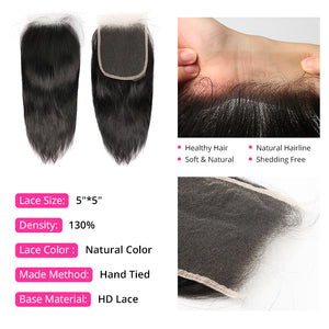 CEXXY Hair 5x5 Brazilian Hair HD Invisible Lace Closure Straight