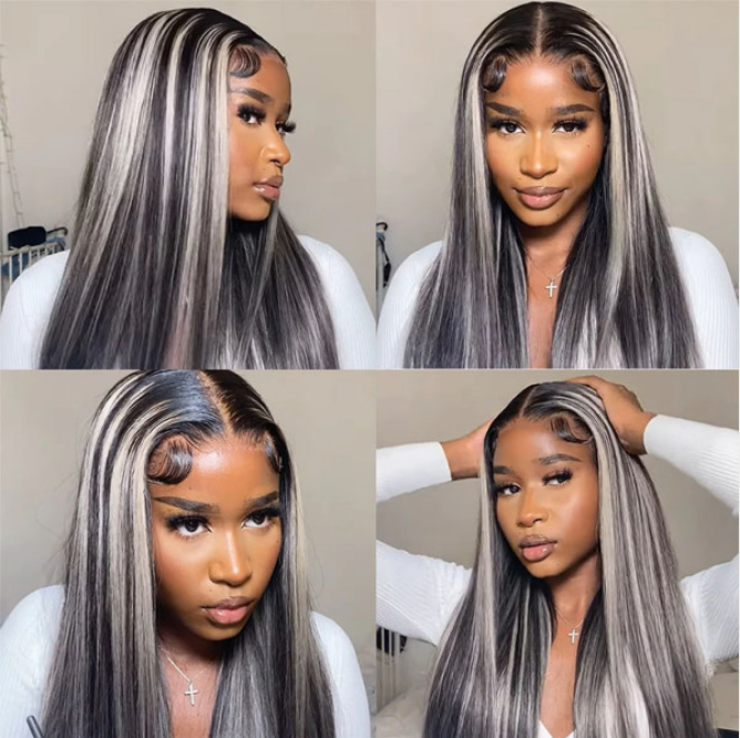 )Salt and Pepper Wig 13x4 HD Lace Front Wig Gray Highlight Black Human Hair (7 days Customization)