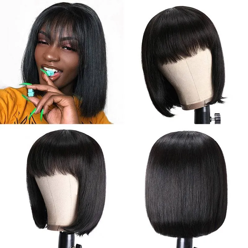 Bob Wig With Bangs 180% Density Straight Short Human Hair Wigs