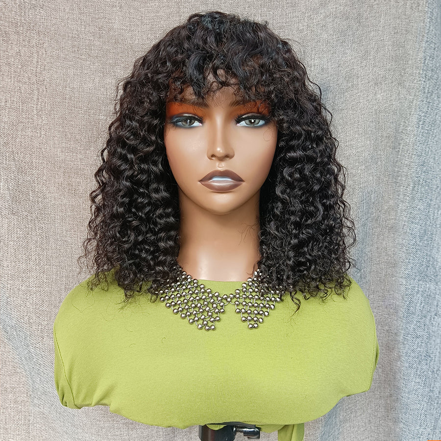 250% Density Curly Human Hair Wig With Bangs Brazilian Jerry Curly Wig For Women