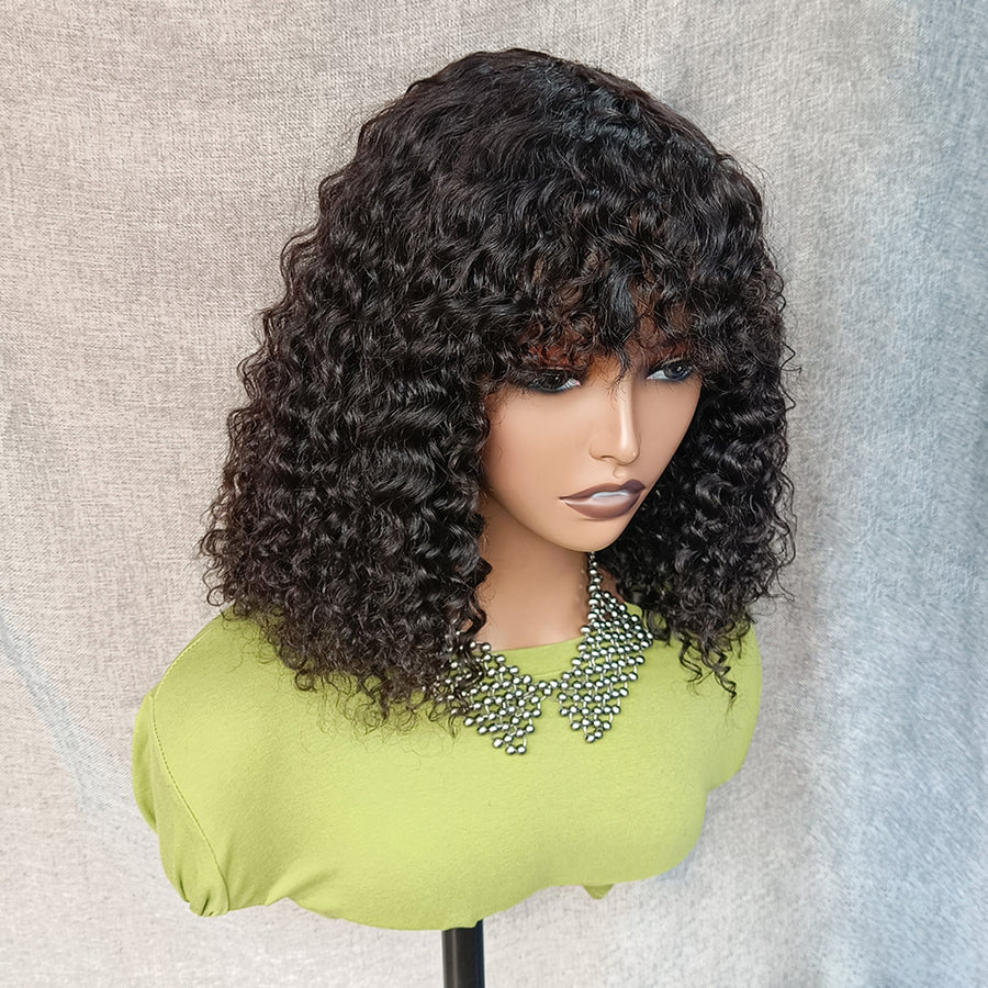 250% Density Curly Human Hair Wig With Bangs Brazilian Jerry Curly Wig For Women