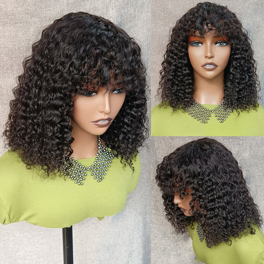 250% Density Curly Human Hair Wig With Bangs Brazilian Jerry Curly Wig For Women