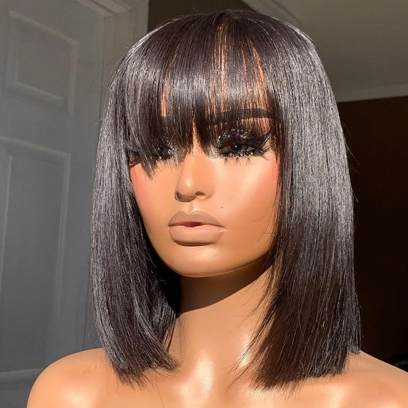 Short Wig For Black Women Straight Human Hair Wigs With Bangs Full Machine Made Glueless Wig