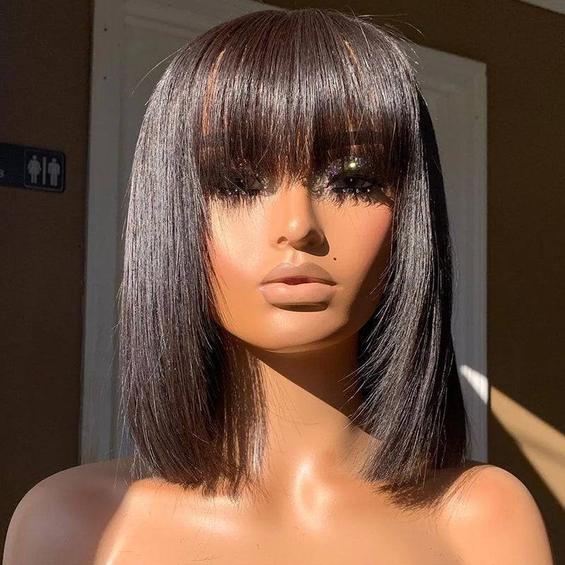 Short Wig For Black Women Straight Human Hair Wigs With Bangs Full Machine Made Glueless Wig