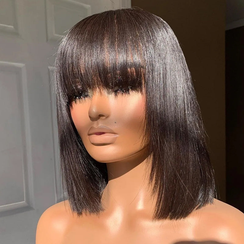 Short Wig For Black Women Straight Human Hair Wigs With Bangs Full Machine Made Glueless Wig