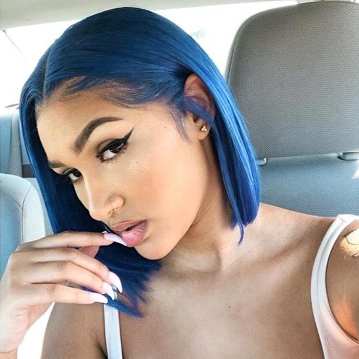 Blue Colored Hair Bob Wig Short Human Hair Wigs Pre-Plucked