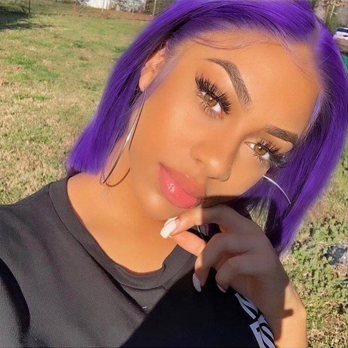 Purple Colored Hair Bob Wig Short Human Hair Wigs Pre-Plucked Hairline