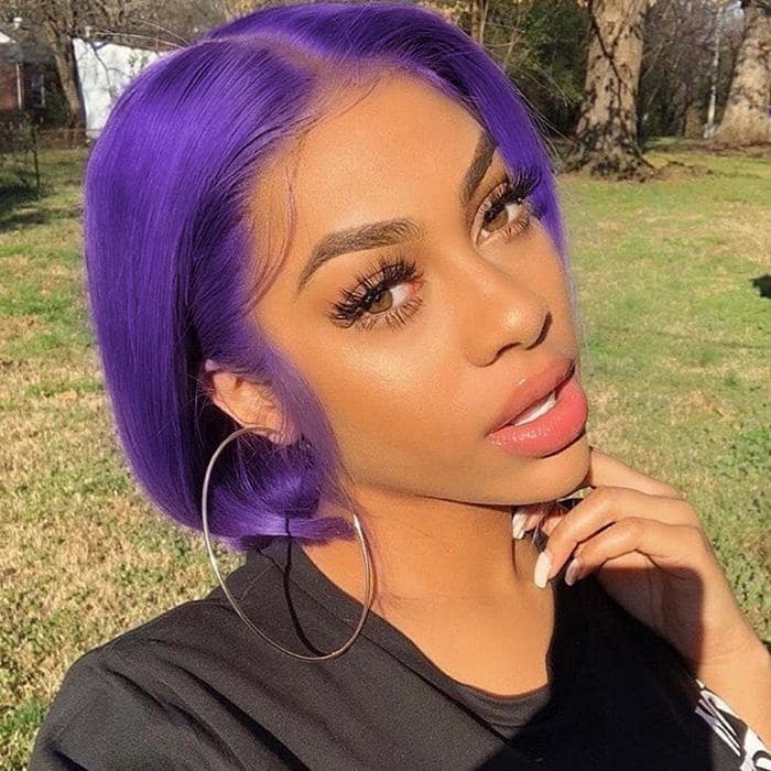 Purple Colored Hair Bob Wig Short Human Hair Wigs Pre-Plucked Hairline