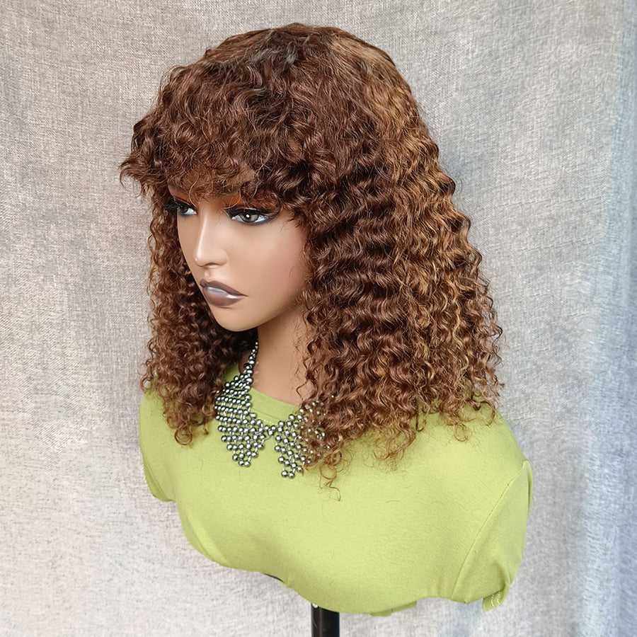 Brazilian Human Hair Wig with Bangs Brown Highlight Jerry Curly Glueless Hair 180% Density For Black Women