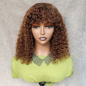 Brazilian Human Hair Wig with Bangs Brown Highlight Jerry Curly Glueless Hair 180% Density For Black Women